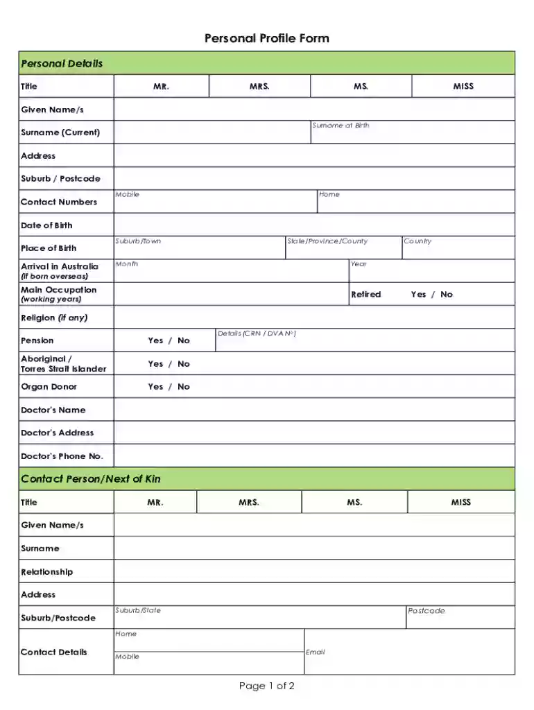 Personal Profile Form docx Preview on Page 1