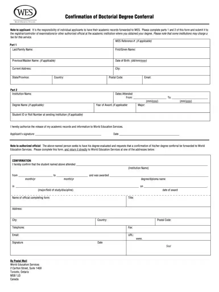wes confirmation of degree conferral form Preview on Page 1