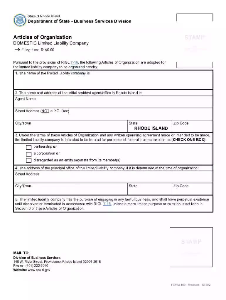 Rhode Island Articles of Organization for LLC Preview on Page 1