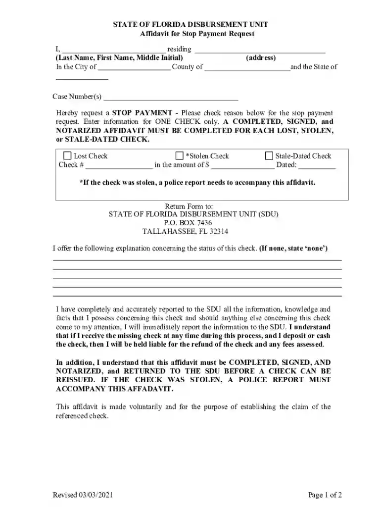 Affidavit for Stop Payment Request Affidavit for Stop Payment Request Preview on Page 1