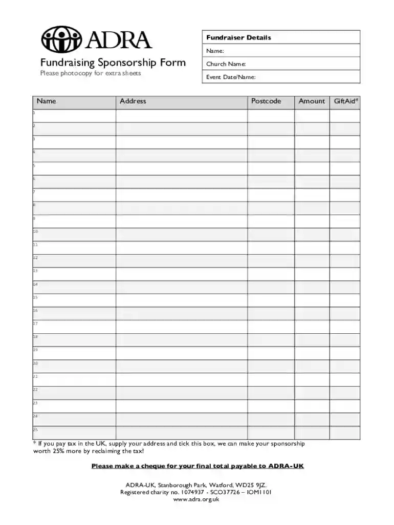 Fundraising Sponsorship Form 2 - Adventist Development and Preview on Page 1