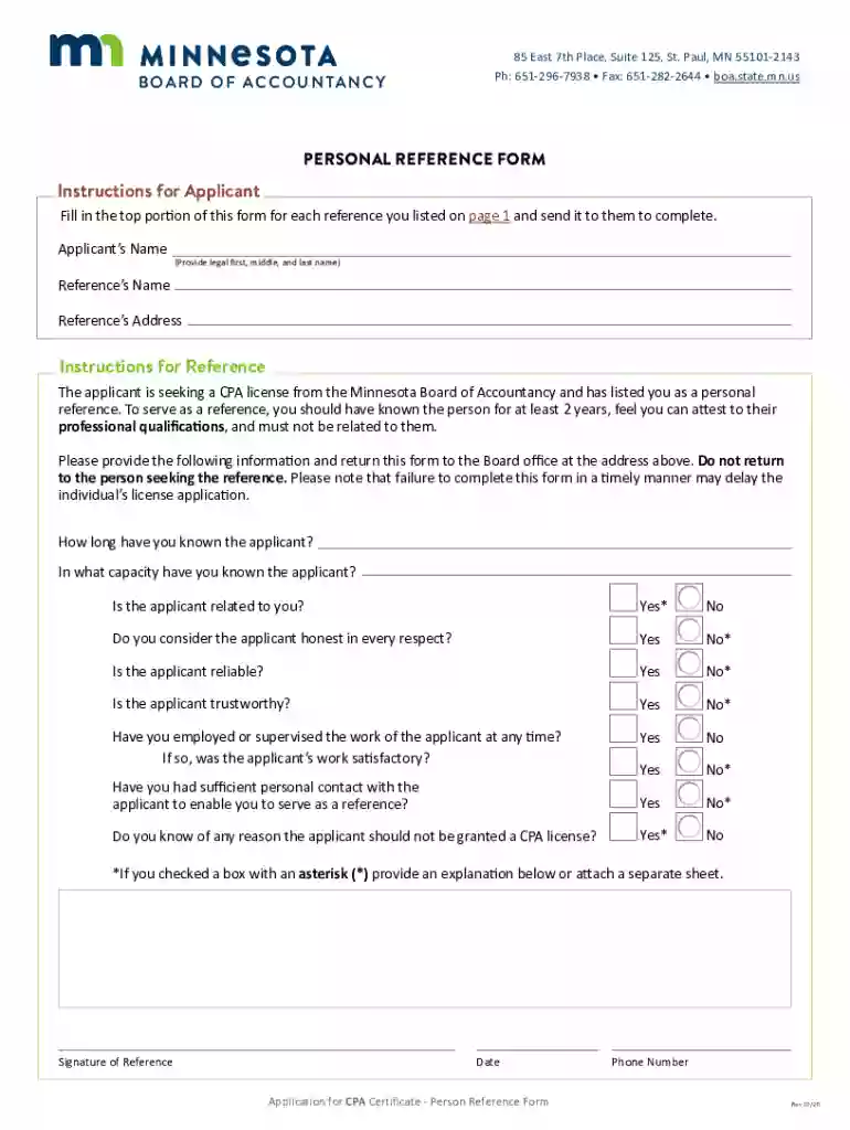 Personal Reference Form - Application for MN CPA Certificate by Non-MN Exam Candidate Preview on Page 1