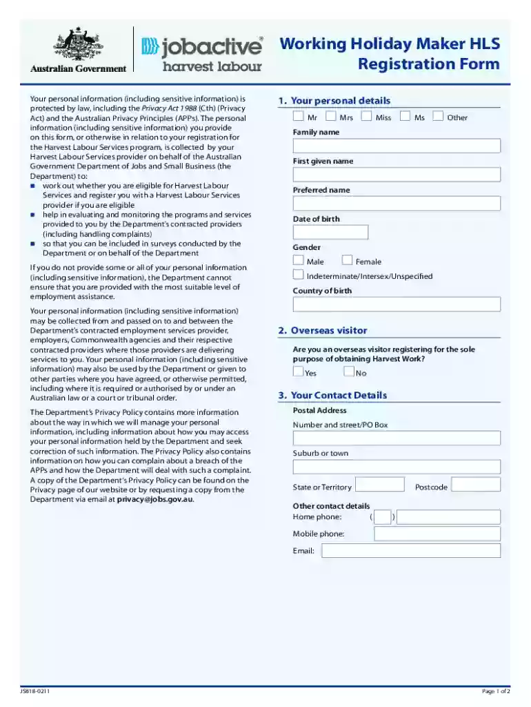working holiday registration Preview on Page 1