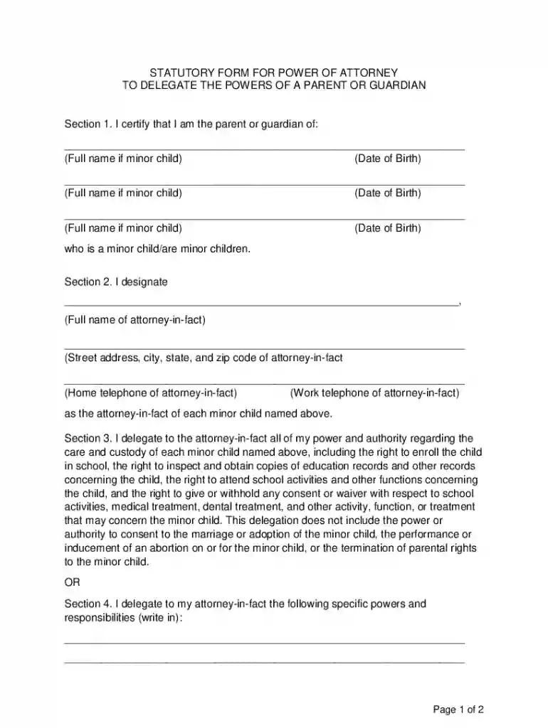 STATUTORY FORM FOR POWER OF ATTORNEY TO DELEGATE THE POWERS Preview on Page 1