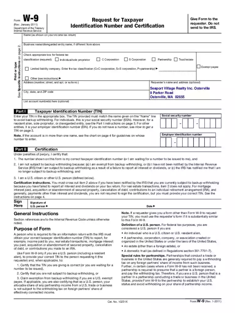 Form W-9 Request for Taxpayer Identification Number and Certification Preview on Page 1
