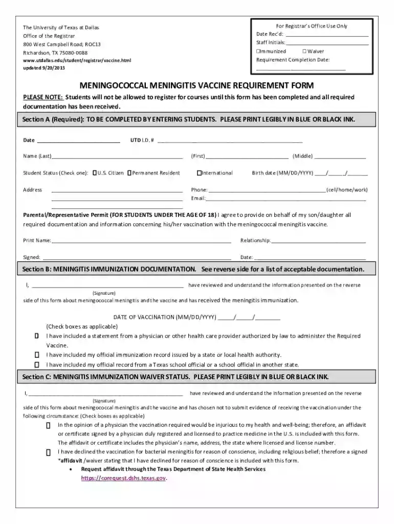 For Office Use Only BACTERIAL MENINGITIS VACCINE FORM Date Preview on Page 1