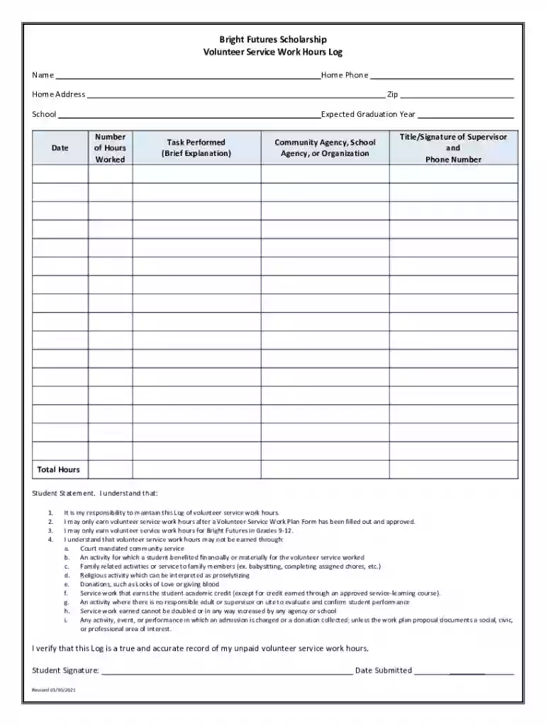 Bright Futures Volunteer Service Work Hours Log Revised 03 30 2021 Preview on Page 1