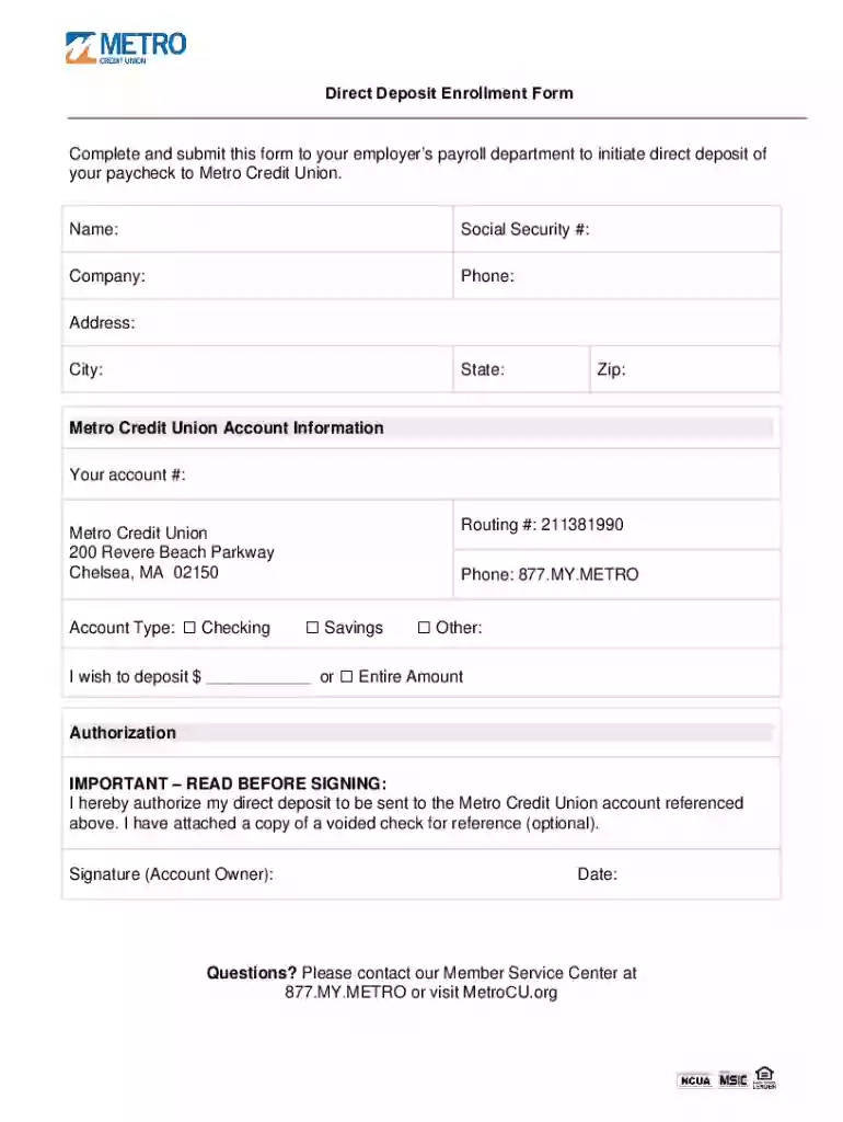 direct deposit enrollment authorization Preview on Page 1
