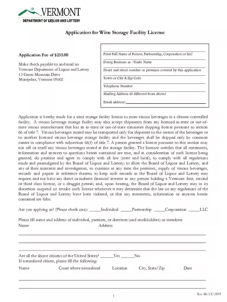 Application for Wine Storage Facility License Preview on Page 1