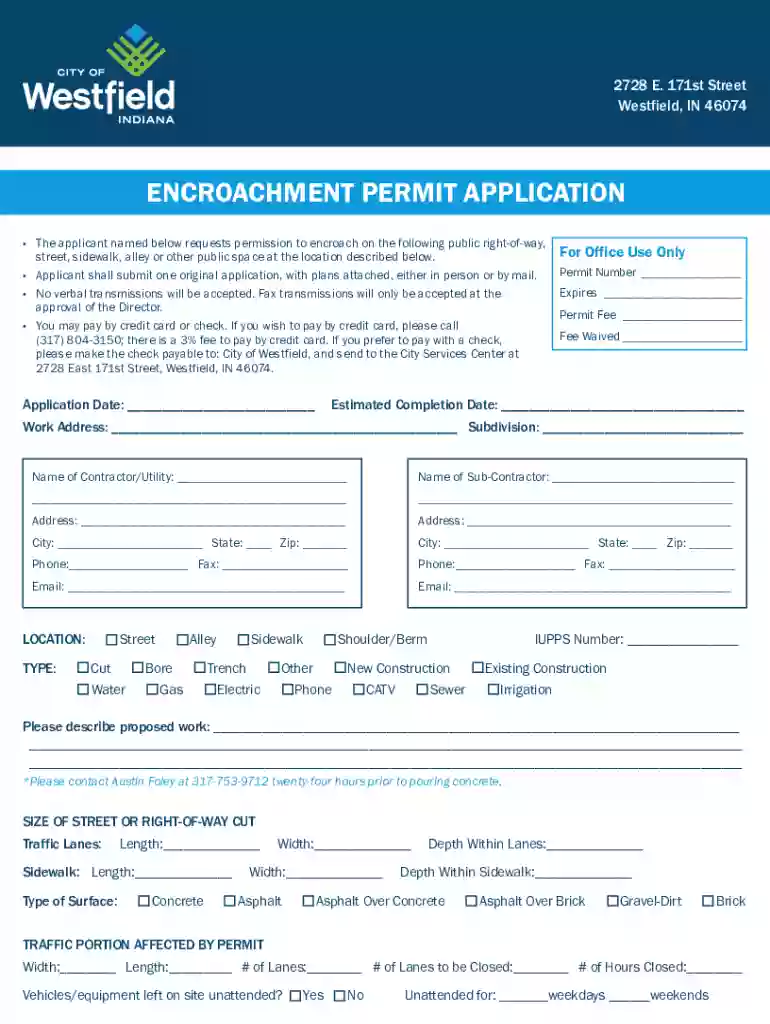 ENCROACHMENT PERMIT APPLICATION - Home Westfield, IN Preview on Page 1