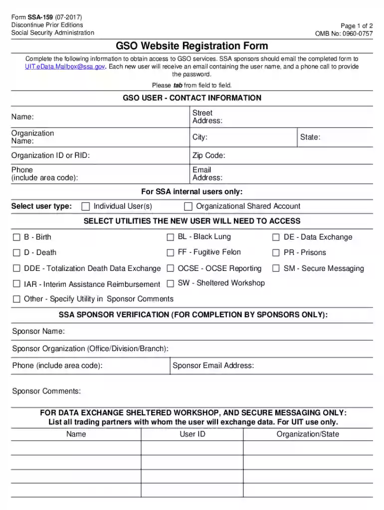SSA 159Current GSO Website Registration Form Preview on Page 1