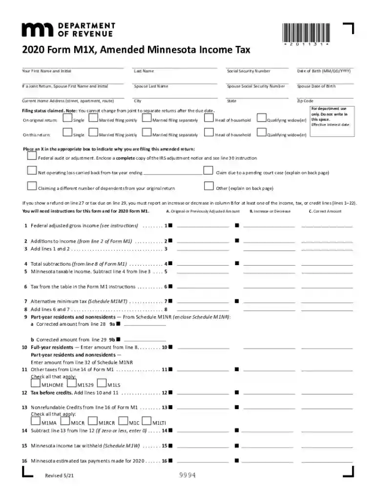 Minnesota Form M1X (Amended Minnesota Income Tax) - 2020 Preview on Page 1