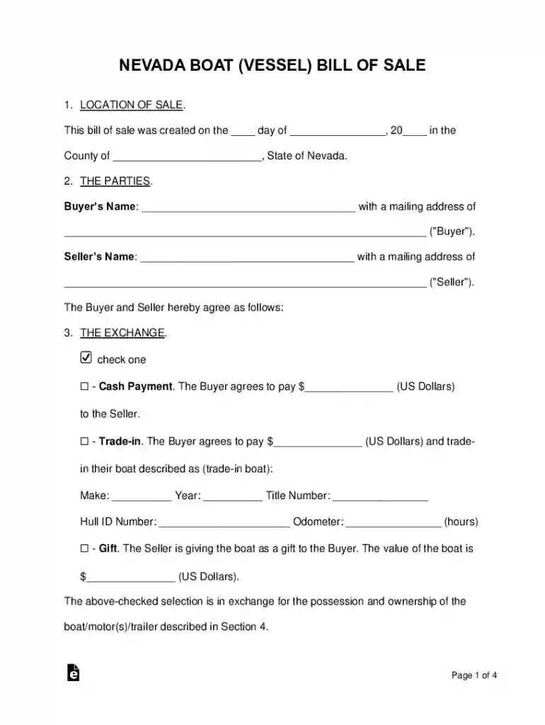 Free Nevada Boat Bill of Sale FormPDFWord ( doc) Preview on Page 1