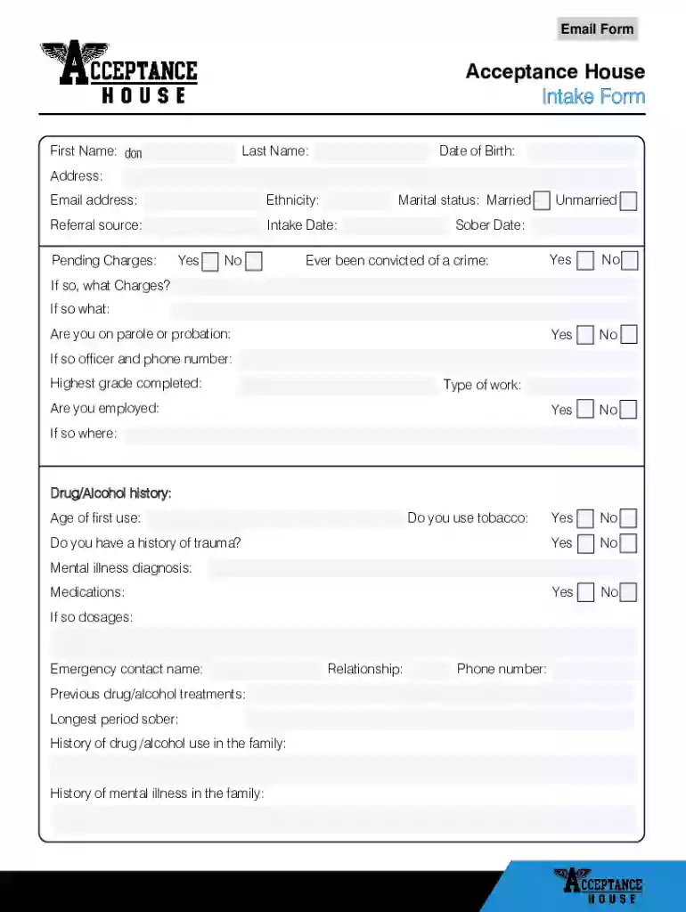 Acceptance House Intake Form Preview on Page 1