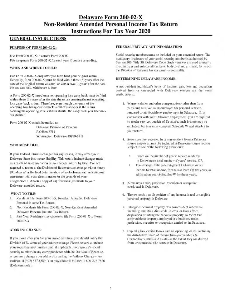 Instructions for Form 200-02-X "Non-resident Amended Preview on Page 1