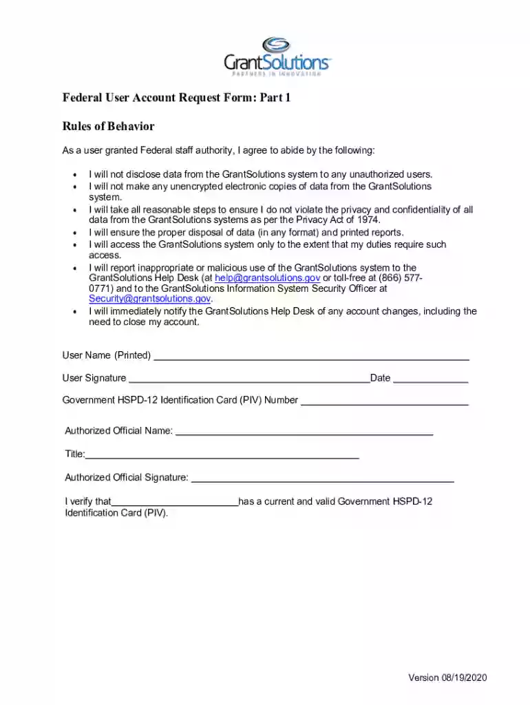 GrantSolutions Federal User Account Request Form Preview on Page 1