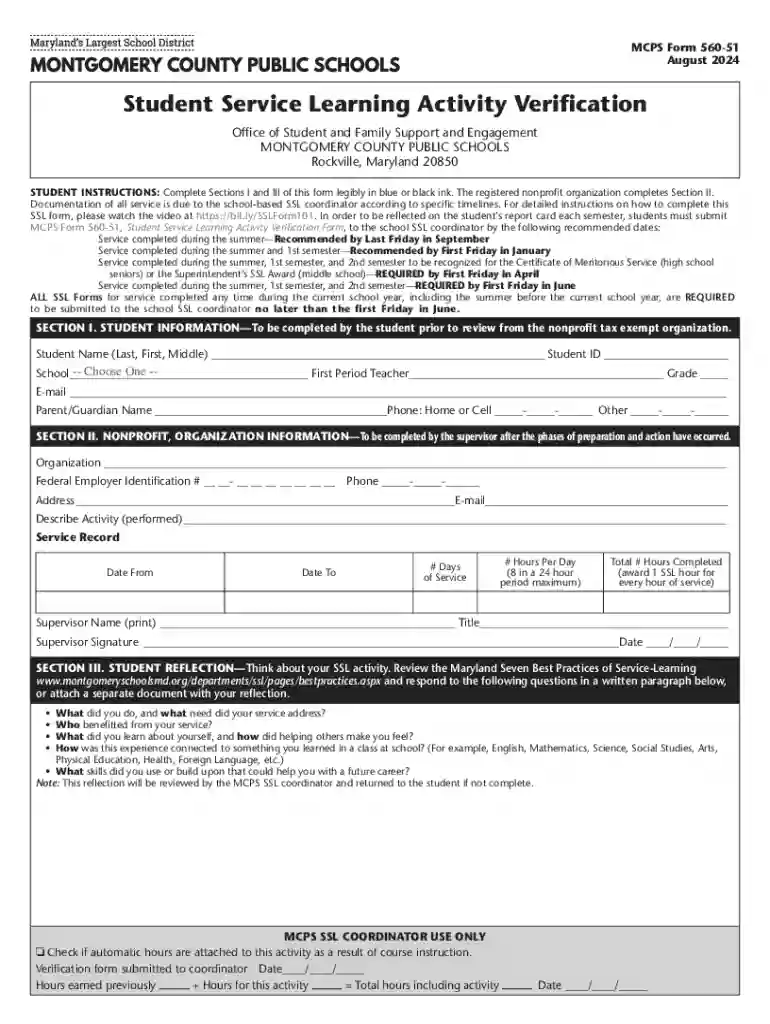 MCPS Student Service Learning Activity Verification Form Preview on Page 1