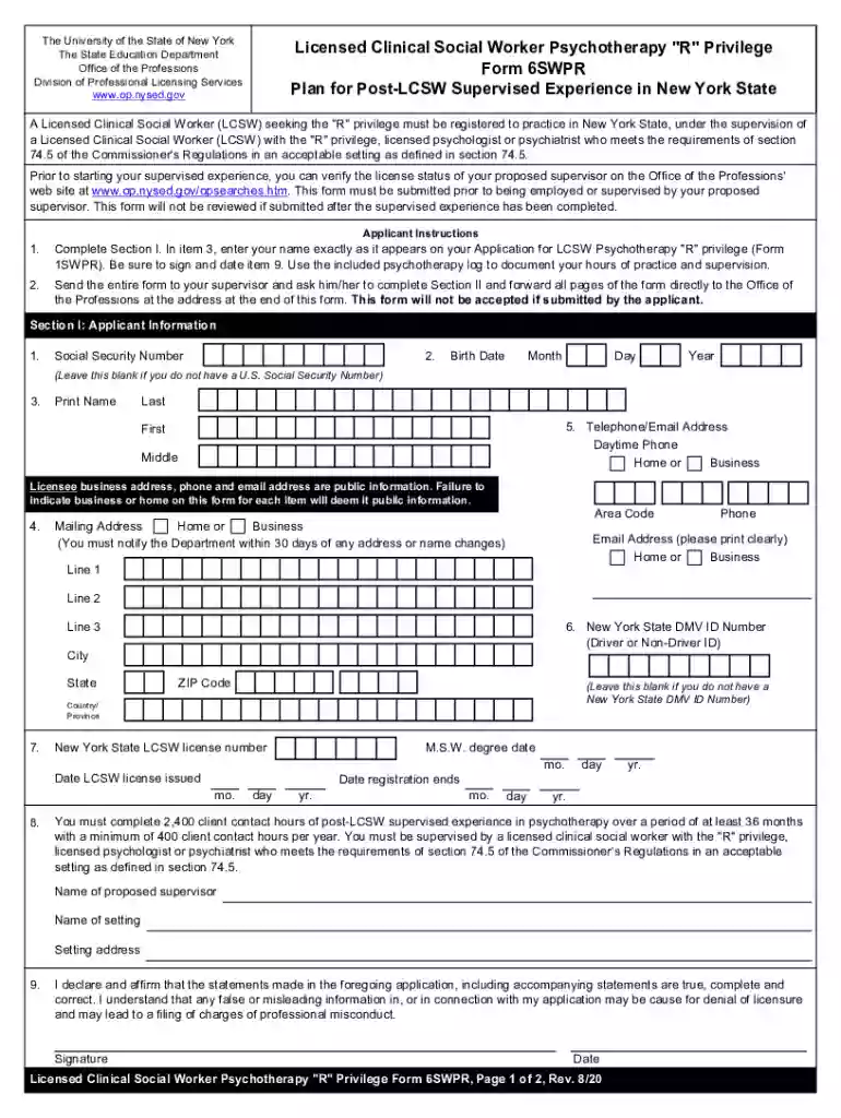 swpr6 Plan for Post-LCSW Supervised Experience in New York State Preview on Page 1