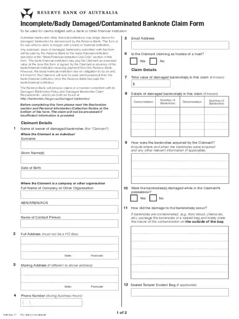 incomplete badly damaged contaminated banknote claim form Preview on Page 1