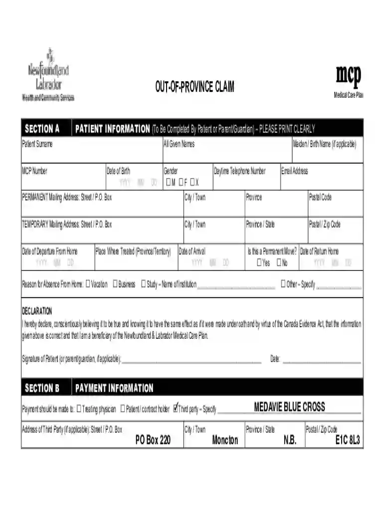 mcp out province claim form Preview on Page 1