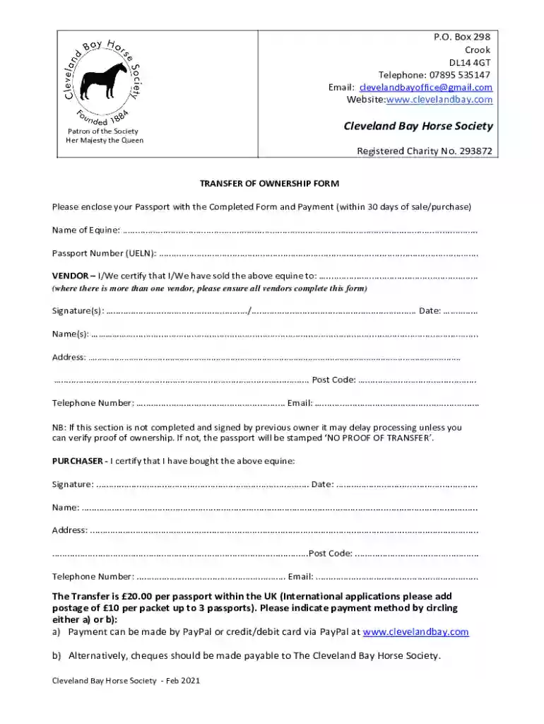 horse transfer of ownership form free Preview on Page 1