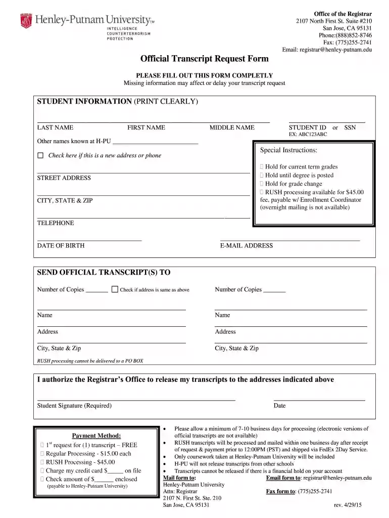 henly university transcript request Preview on Page 1
