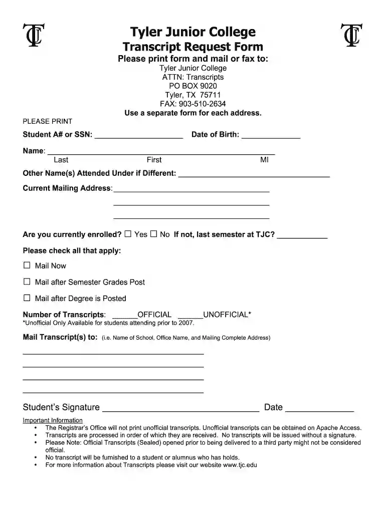 tjc transcript request Preview on Page 1