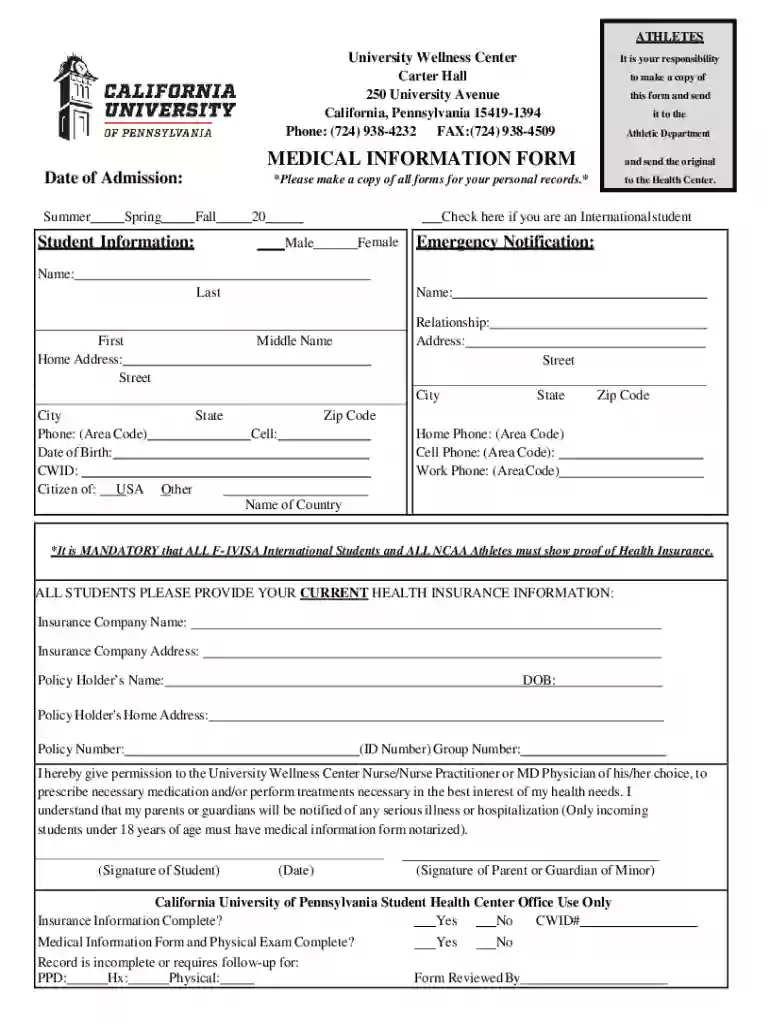 calu medical form Preview on Page 1