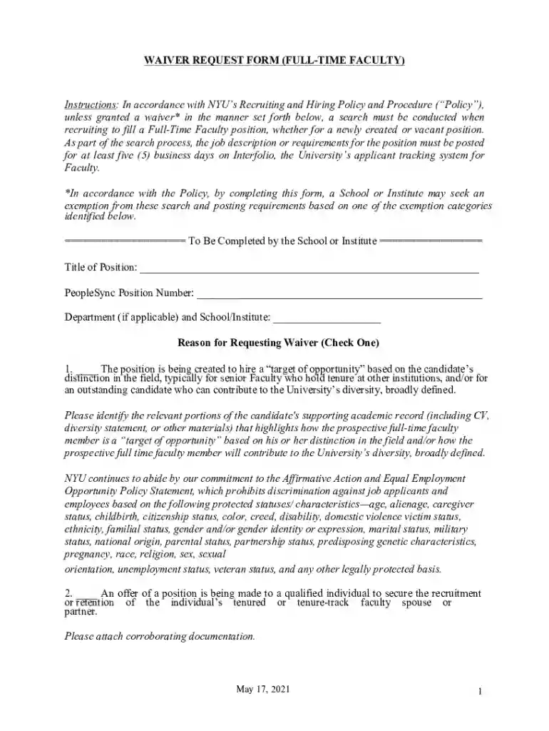 nyu waiver request form Preview on Page 1