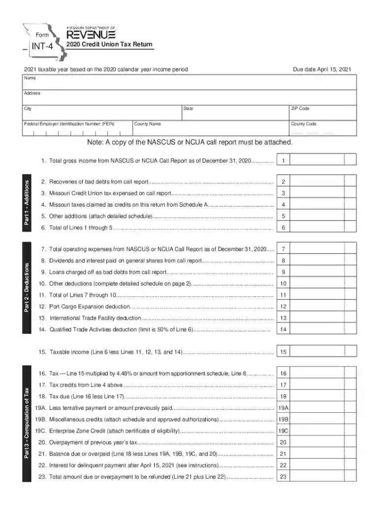 Form INT-4 - 2020 Credit Union Tax Return Preview on Page 1