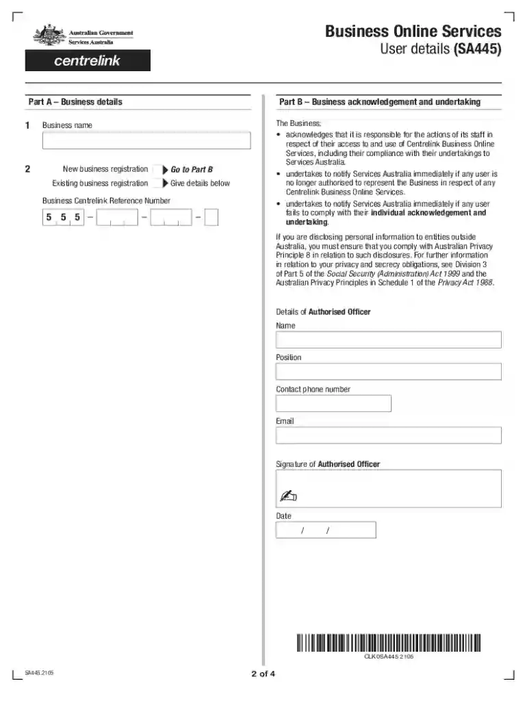 Business Online Services User Details Form Preview on Page 1