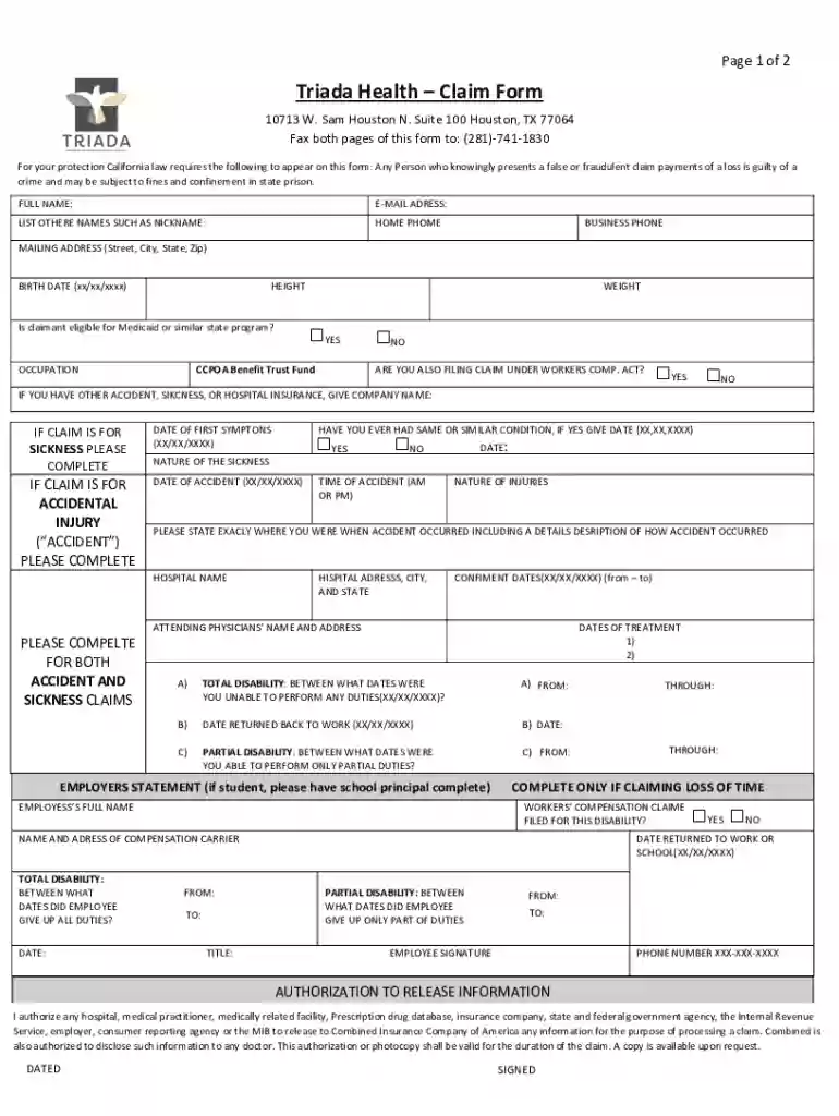 Triada Health Claim Form - ccpoabtf Preview on Page 1