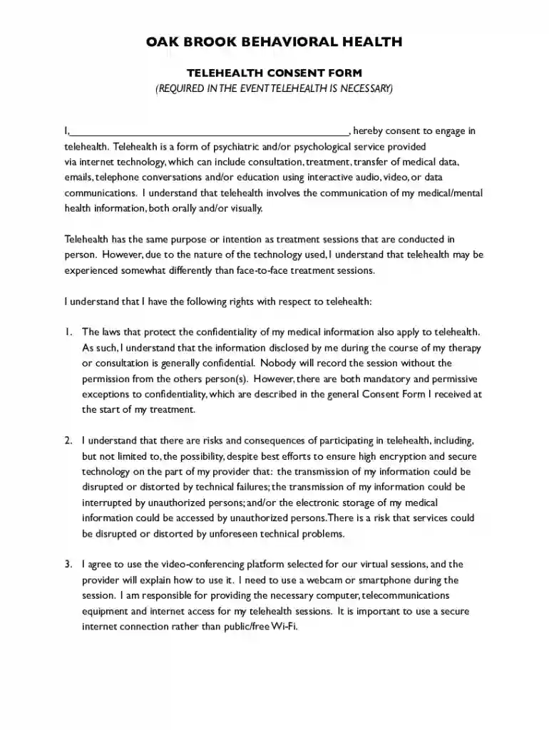 Oak Brook Behavioral Health Telehealth Consent Form Preview on Page 1