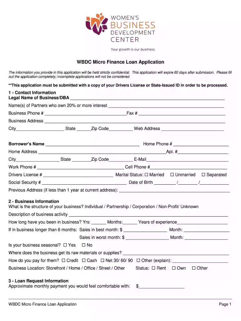 wbdc business loan application form printable Preview on Page 1