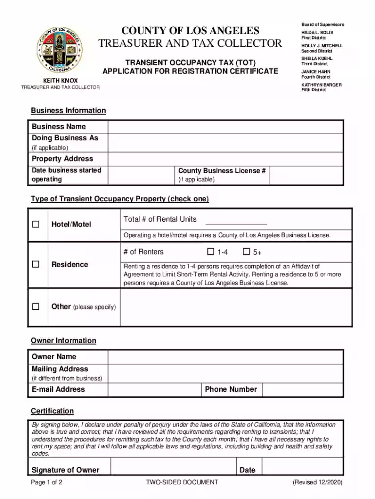 Transient Occupancy Tax Registration Application Preview on Page 1