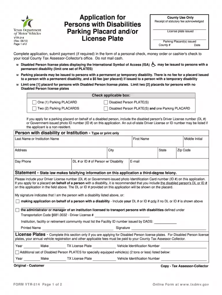 handicap placard texas form Preview on Page 1