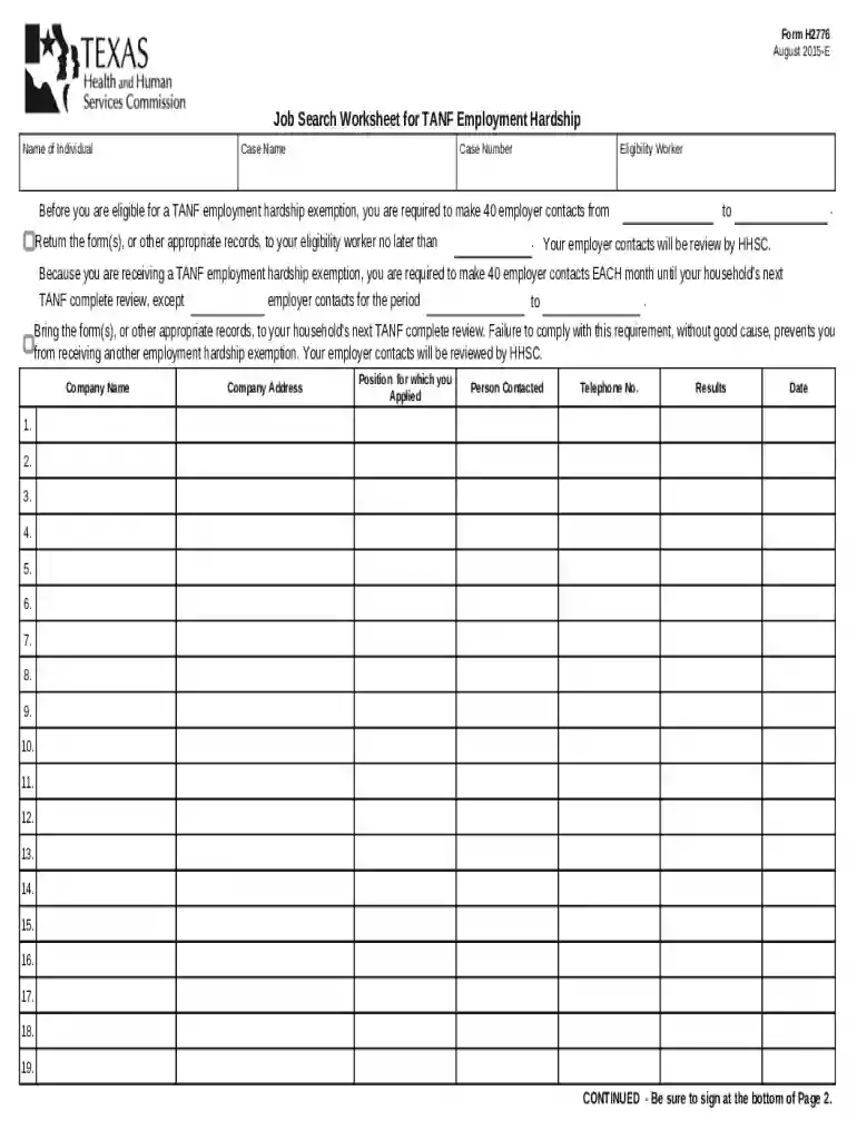 Job Search Worksheet for TANF Employment Hardship Form H2776 Preview on Page 1