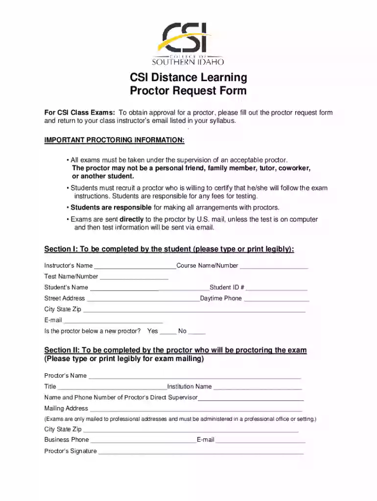 CSI Distance Learning Proctor Request Form Preview on Page 1