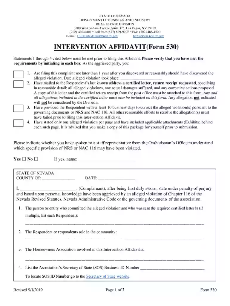 Intervention Affidavit (Form 530) Preview on Page 1