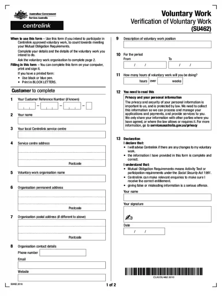centrelink volunteer form Preview on Page 1