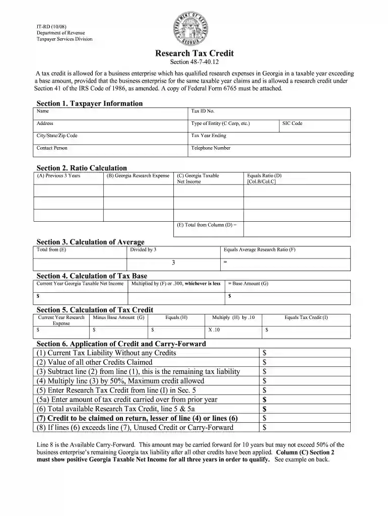research tax credit form ga 2008 Preview on Page 1