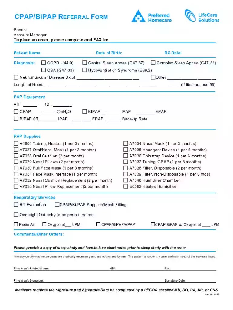 cpap bipap referral form Preview on Page 1