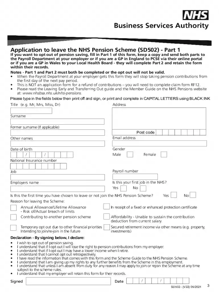 Application to Leave NHS Pension Scheme (SD502) Preview on Page 1