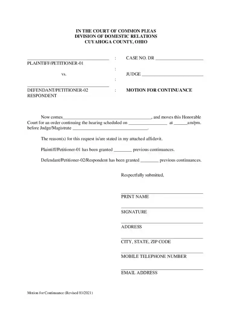 ohio motion continuance form Preview on Page 1