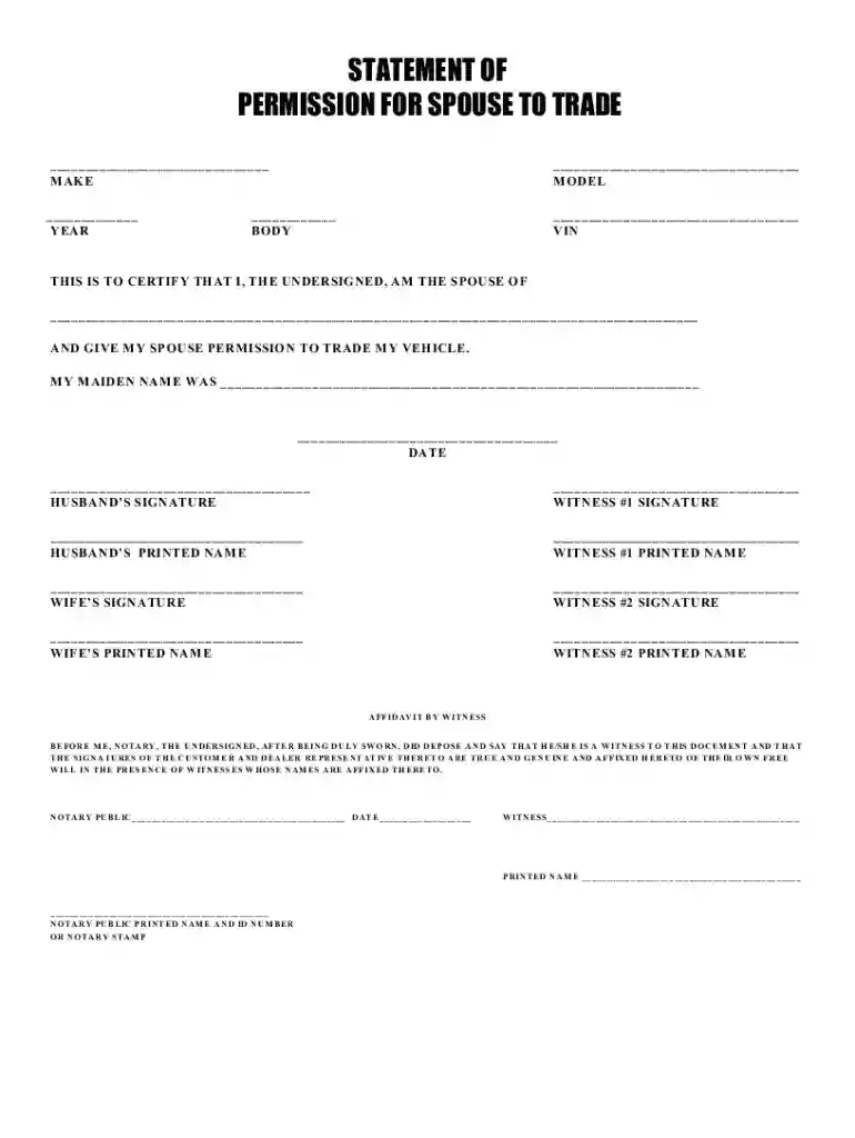 Spouse Vehicle Trade Permission Form Preview on Page 1