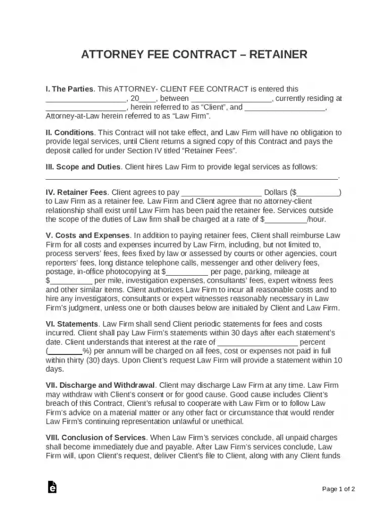Fill, Edit and Print Legal Services Agreement - Retainer Form Preview on Page 1