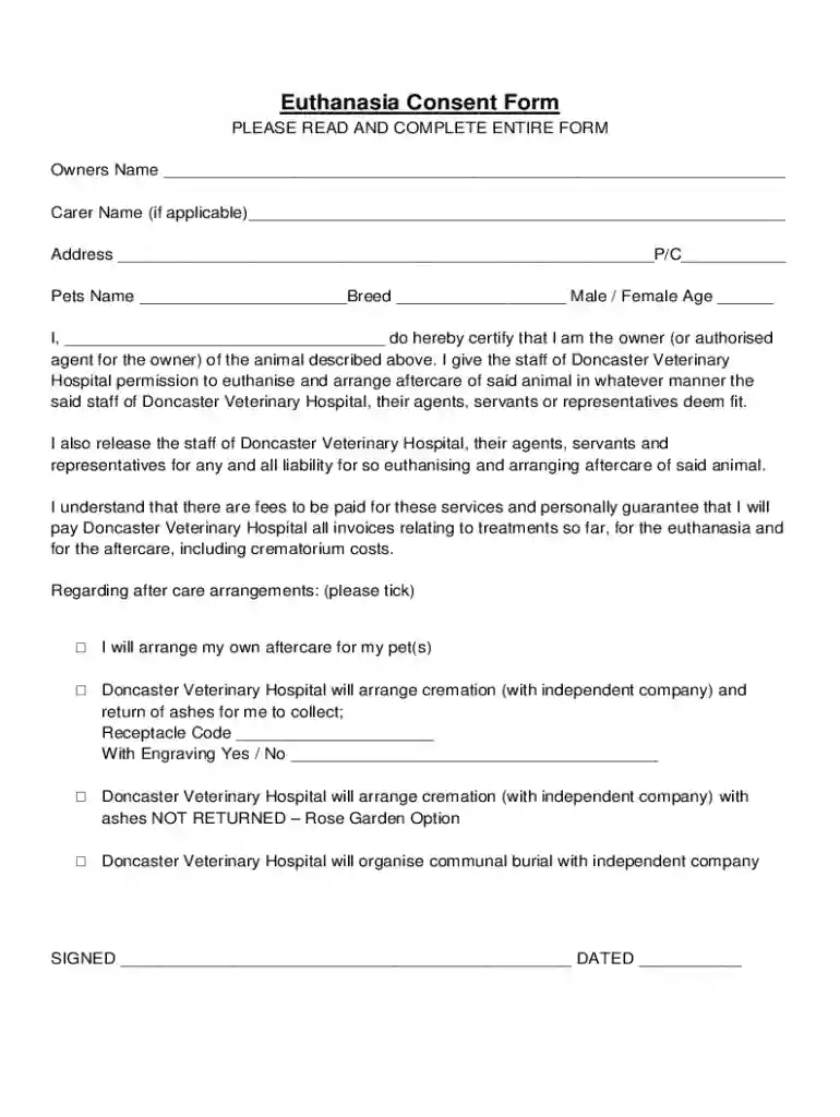 Euthanasia Consent Form Template - Fill Out and Sign Preview on Page 1
