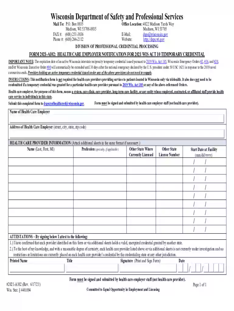 #2021-A102, Health Care Employer Notification for 2021 Wis Act 10 Temporary Credential #2021-A102, H Preview on Page 1
