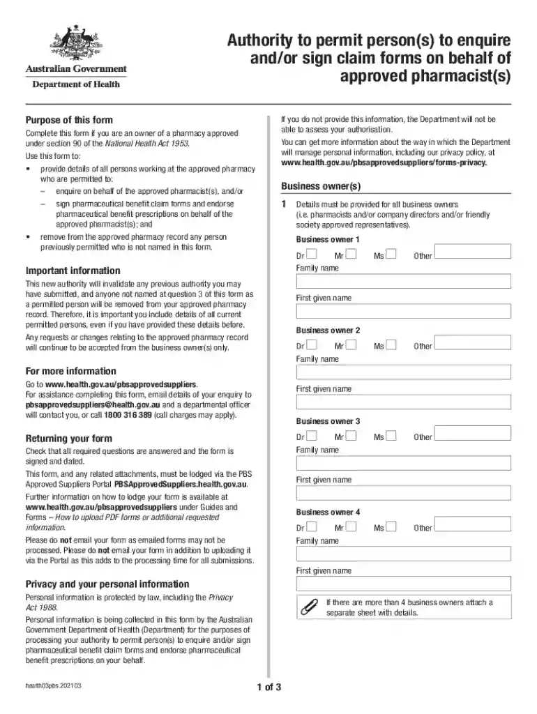 Authority to permit person(s) to enquire and or sign claim forms on behalf of approved pharmacist(s) Preview on Page 1