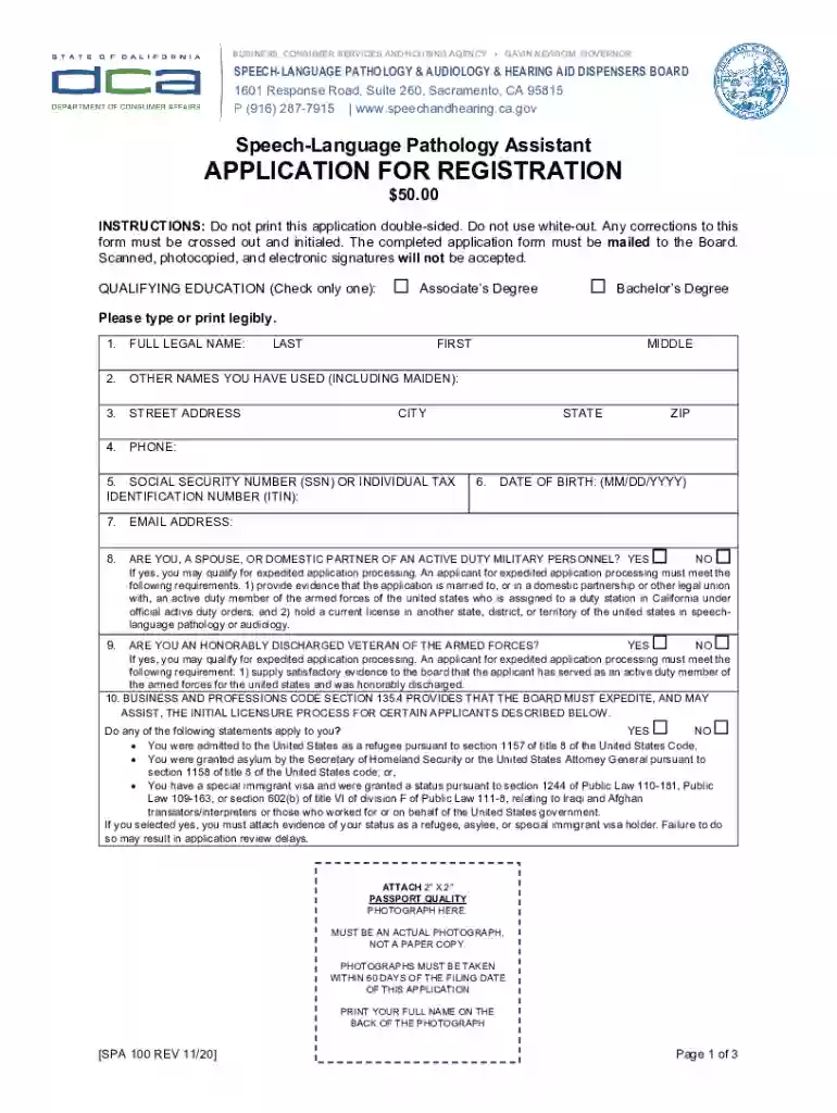 Application Checklist and Application for Speech-Language Pathology Assistant Preview on Page 1
